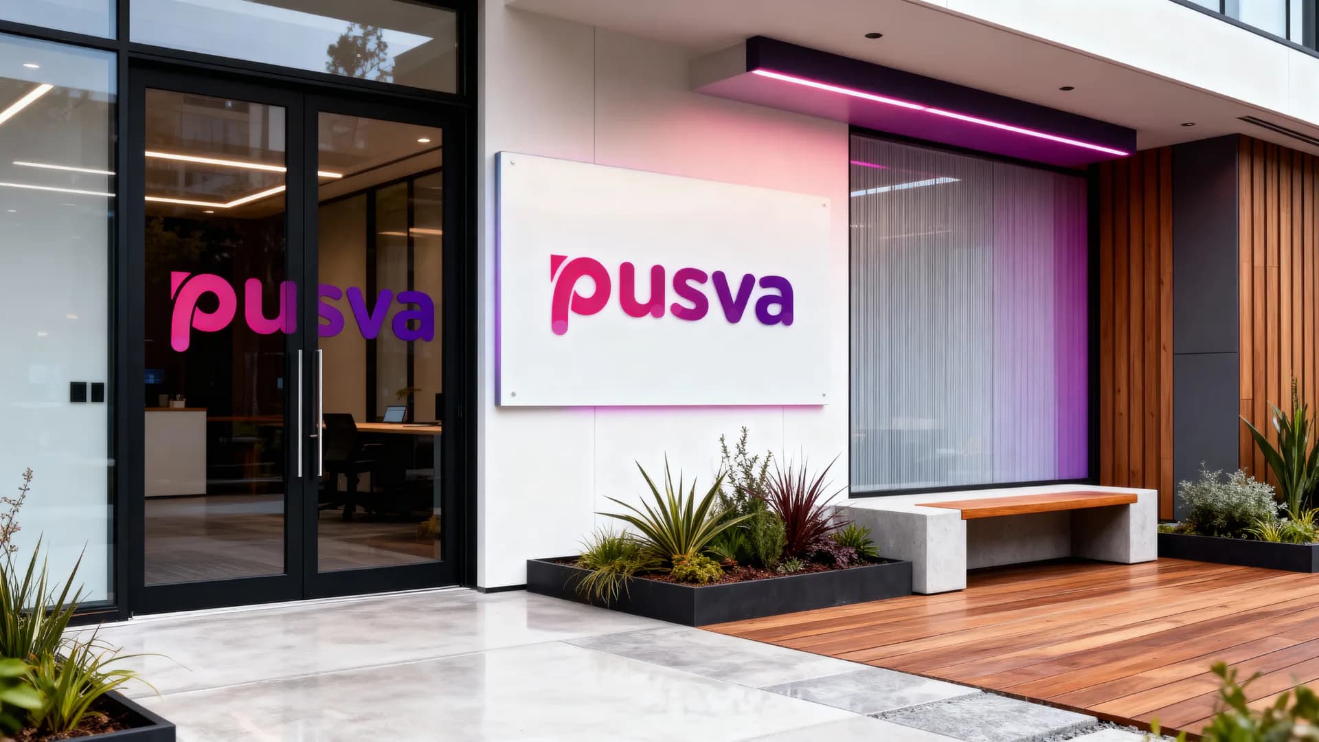 Ahşap detayları ve Pusva logosuyla ofis giriş alanı