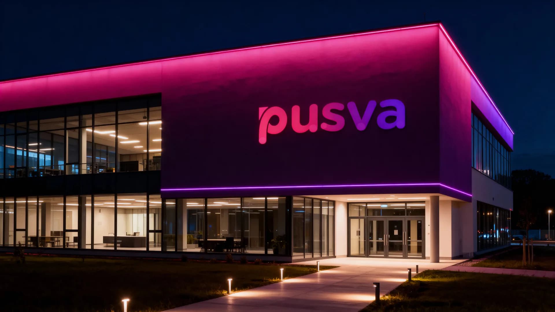 Pusva ofisinin gece dış cephe görünümü